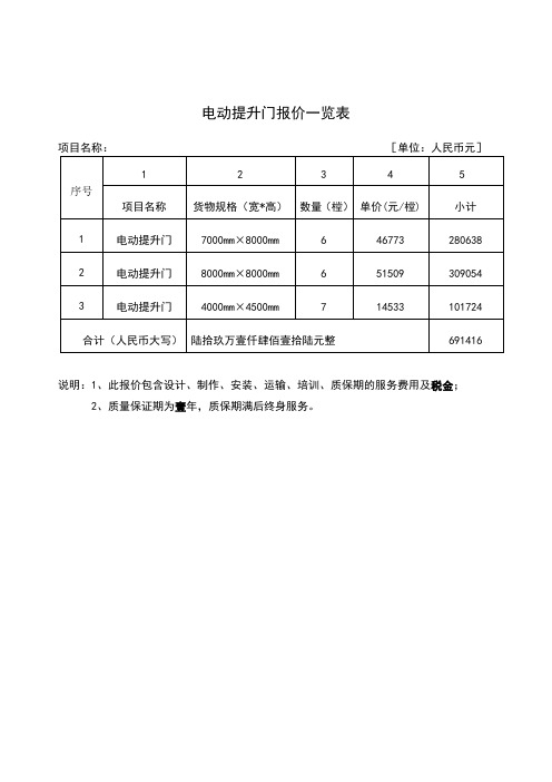 电动提升门报价计算书