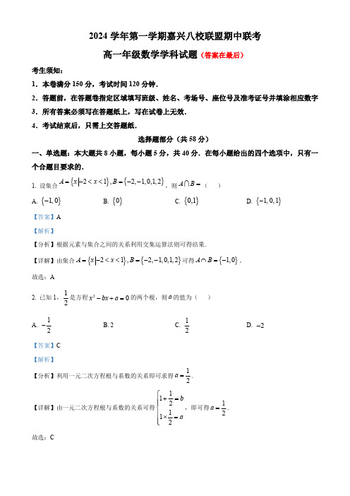 浙江省嘉兴市八校联盟2024-2025学年高一上学期期中联考数学试题含答案