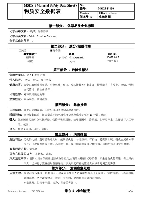 物质安全数据表(MSDS)- 镍(Ni)标准溶液