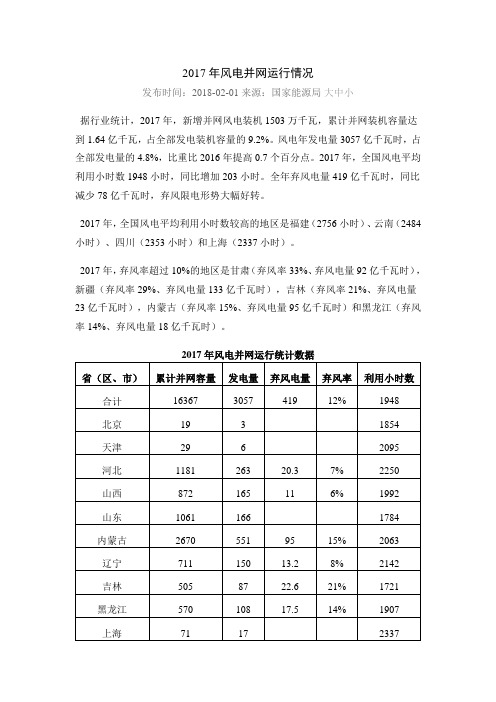 2017年风电并网运行情况