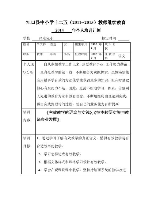 2014教师继续教育个人培训计划