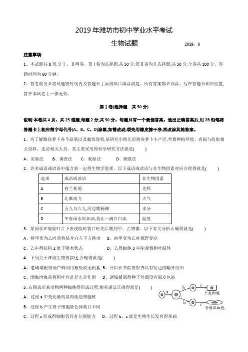 2019年山东省潍坊市初中学业水平考试生物试题(word版带答案)