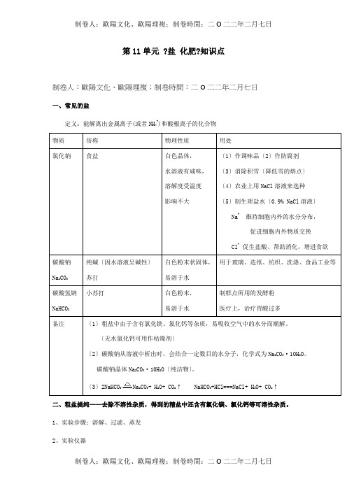 九年级化学 第十一单元 盐 化肥知识点总结课标 试题