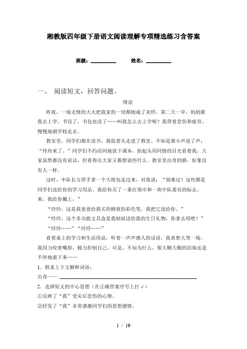 湘教版四年级下册语文阅读理解专项精选练习含答案