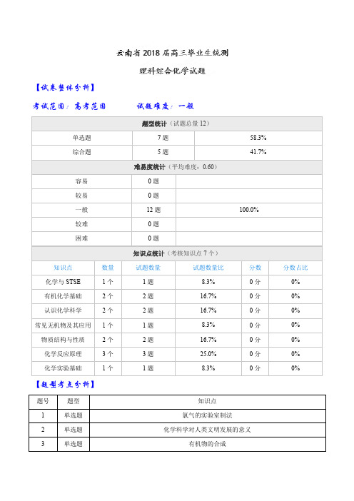 2018年云南省2018届高三毕业生统测理科综合化学试题(解析版)