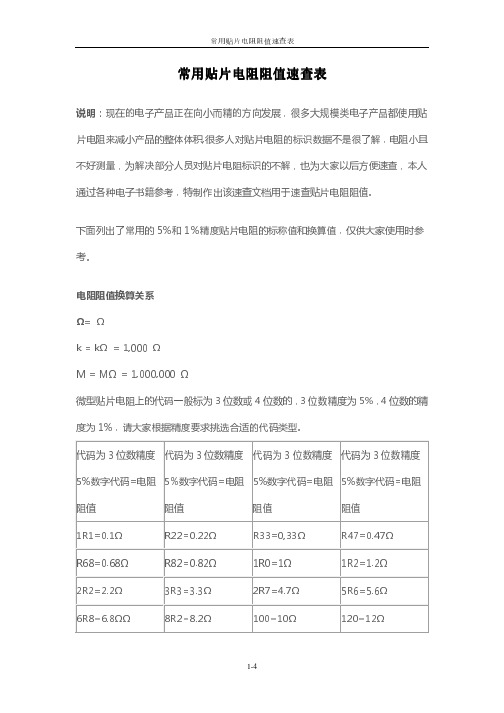 常用贴片电阻阻值速查表