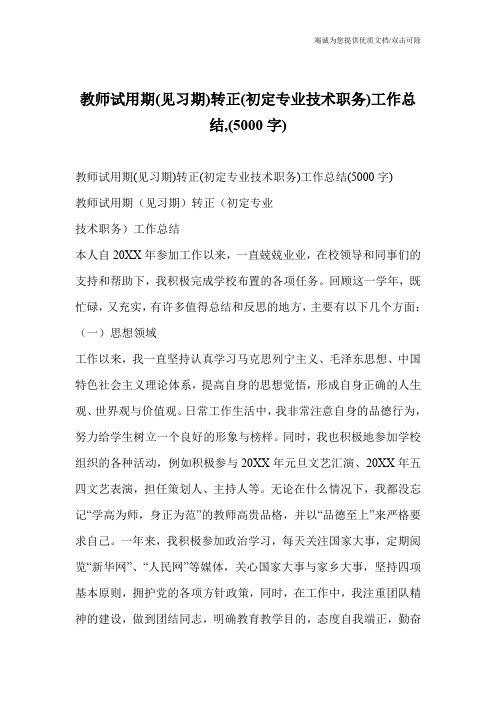 教师试用期(见习期)转正(初定专业技术职务)工作总结,(5000字)