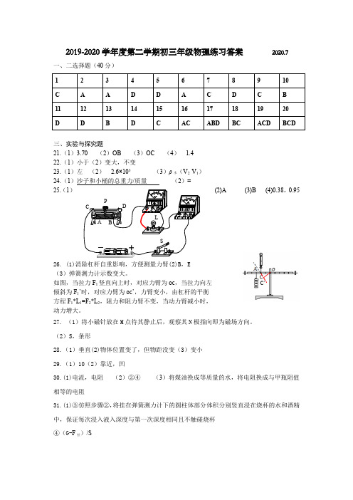 2019-2020 学年度第二学期初三年级物理热身练习答案终稿