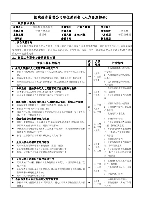 医院投资管理公司职位说明书