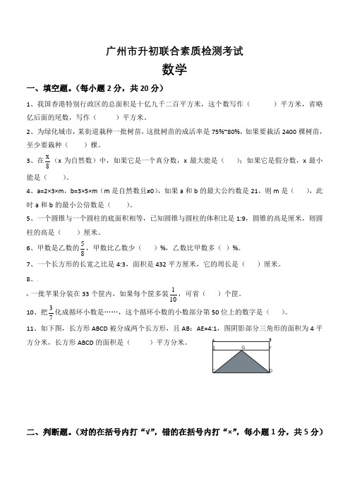 广州小升初数学试题与答案