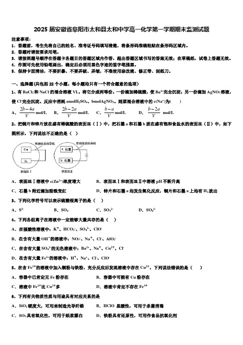 2025届安徽省阜阳市太和县太和中学高一化学第一学期期末监测试题含解析