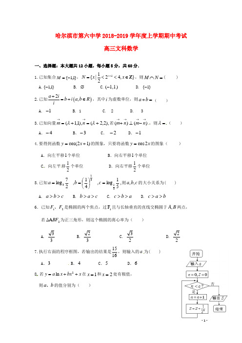 黑龙江省哈尔滨市第六中学2019高三数学上学期期中试题文