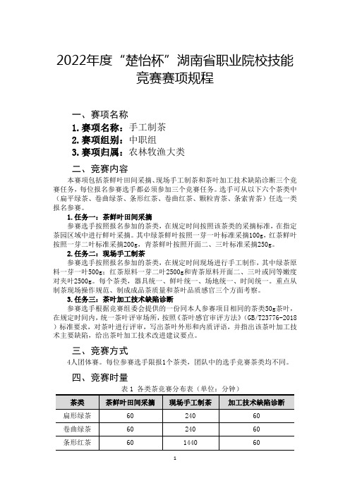 2022年度湖南省“楚怡杯”职业院校技能竞赛赛项规程20220310(手工制茶)