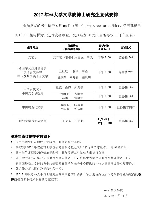 2017年南开大学文学院博士研究生复试安排【模板】