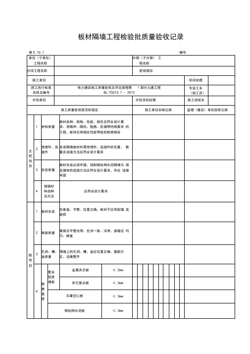 5.16.1板材隔墙工程检验批质量验收记录