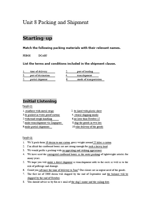 商务英语听说PPT  参考答案Unit 8 Packing and Shipment