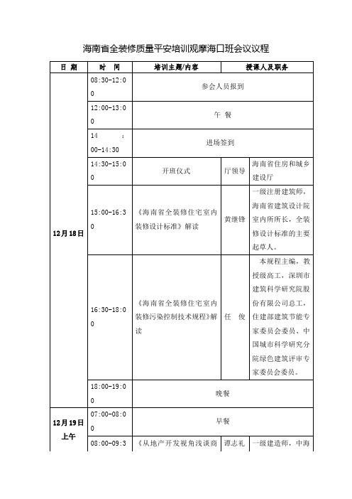 海南全装修质量平安培训观摩海口班会议议程