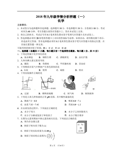 2018年九年级学情分析样题(一)化学  