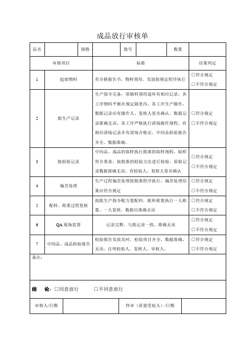 产品放行审核单