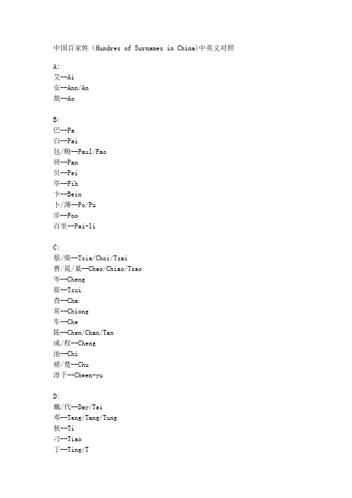 中国姓氏——英文对应