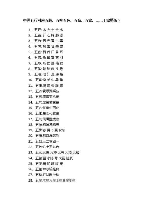 中医五行对应五脏、五味五色、五音、五官、……（完整版）