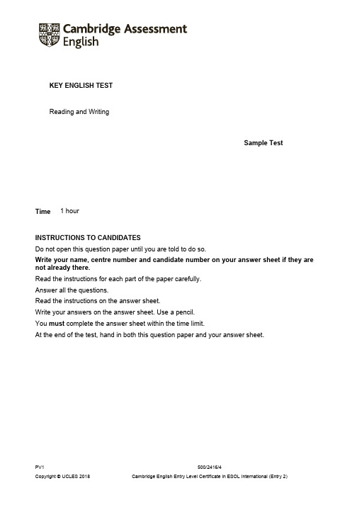 2020KET剑桥英语考试样卷-A2 Key 2020 sample tests Reading and Writing - question paper