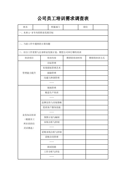 公司员工培训需求调查表