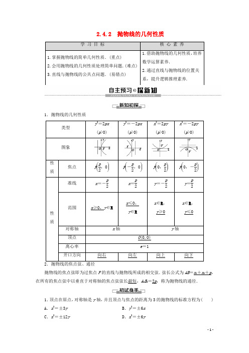 2019_2020学年高中数学第2章圆锥曲线与方程2.4.2抛物线的几何性质讲义苏教版选修2_1
