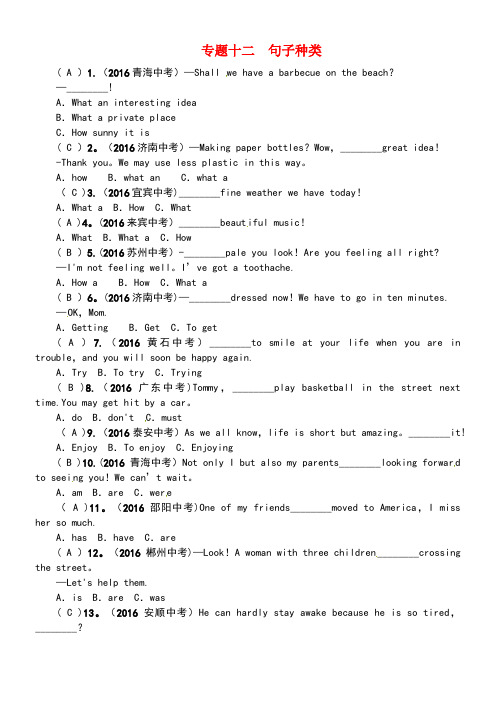 中考英语命题研究第二编语法专题突破篇专题十二句子种类(精练)试题