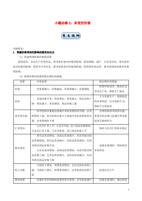 新高考2021届高考政治小题必练2多变的价格