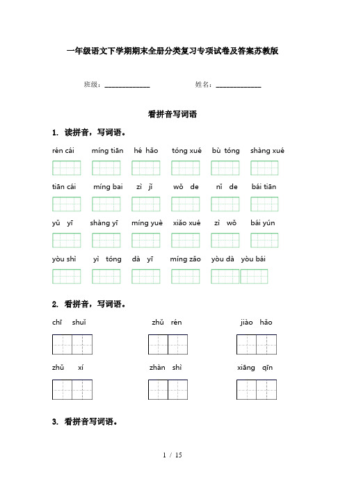 一年级语文下学期期末全册分类复习专项试卷及答案苏教版