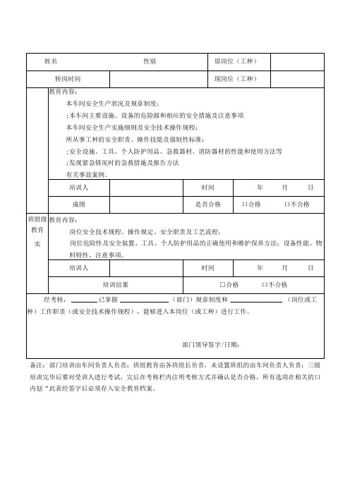 转岗、离岗入职安全教育卡(样式)