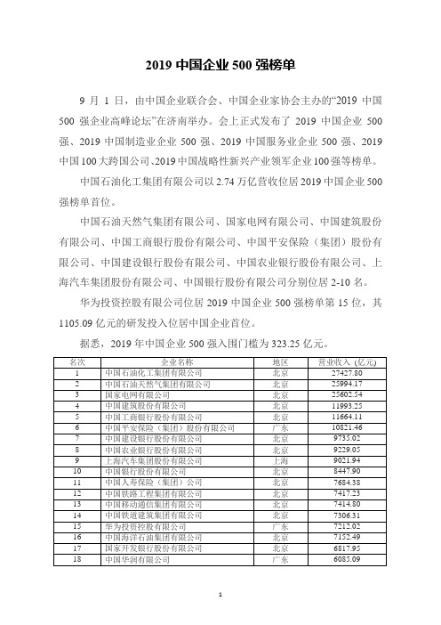 2019中国企业500强榜单最新