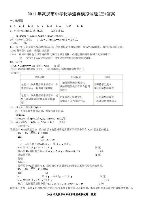 2011年武汉市中考化学逼真模拟试题  答案