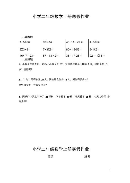 人教版小学二年级数学上册寒假作业(2)