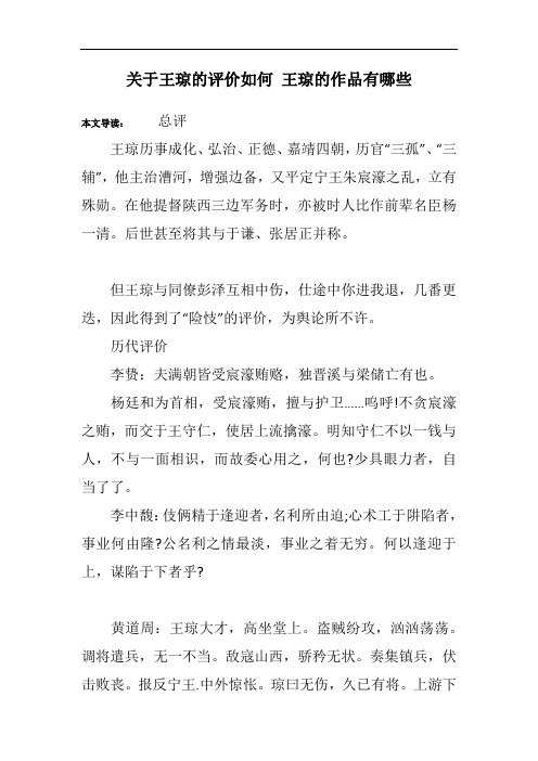 关于王琼的评价如何 王琼的作品有哪些