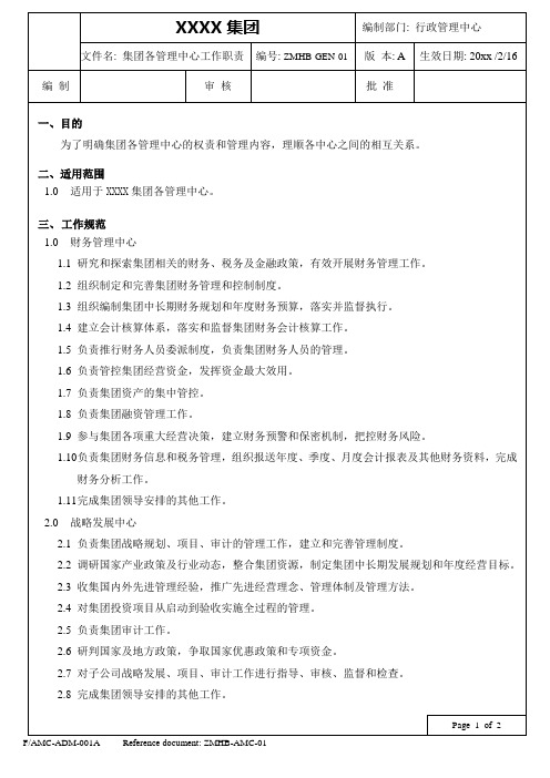 集团各管理中心工作职责