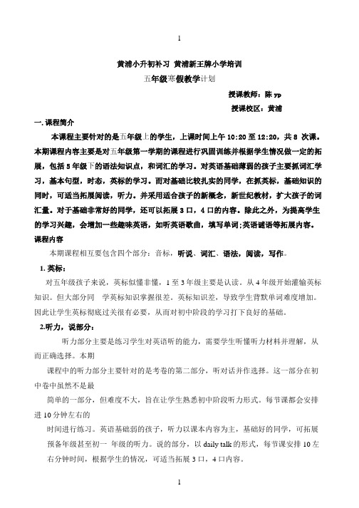 黄浦小升初英语补习班 新王牌培训机构寒假教学计划 陈YP老师