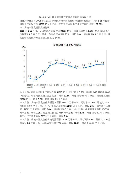 2016年1-11月全国房地产开发投资和销售情况分析