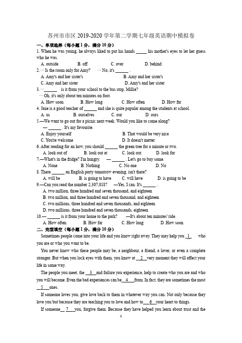 苏州市市区2019-2020七年级下学期期中模拟卷(含答案)