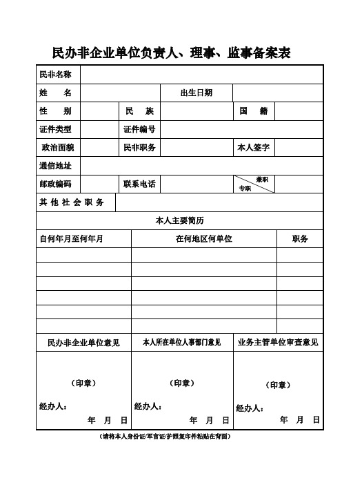 民办非企业单位负责人理事监事备案表