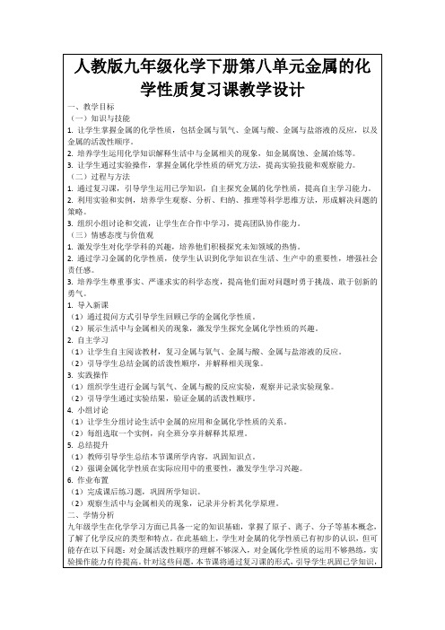 人教版九年级化学下册第八单元金属的化学性质复习课教学设计