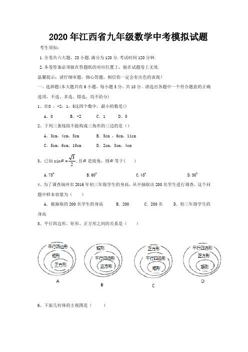 2020年江西省九年级数学中考模拟试题 含答案