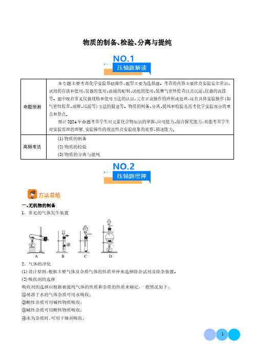 物质的制备、检验、分离与提纯--高考化学压轴题专项训练(含答案)