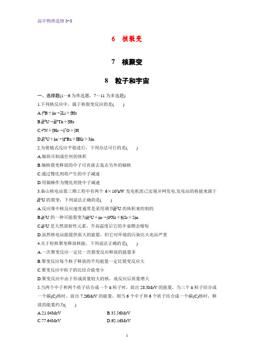 高中物理选修3-5课时作业9:19.6-19.8核裂变 核聚变 粒子和宇宙