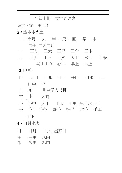 一年级上册一类字组词表