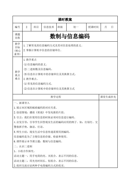 2023年闽教版七年级上册信息技术第2课时教案数制与信息编码