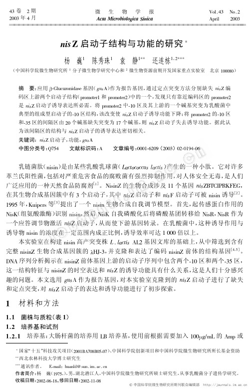 nisZ启动子结构与功能的研究