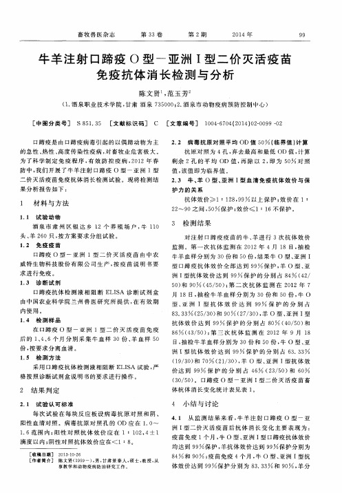 牛羊注射口蹄疫O型—亚洲Ⅰ型二价灭活疫苗免疫抗体消长检测与分析