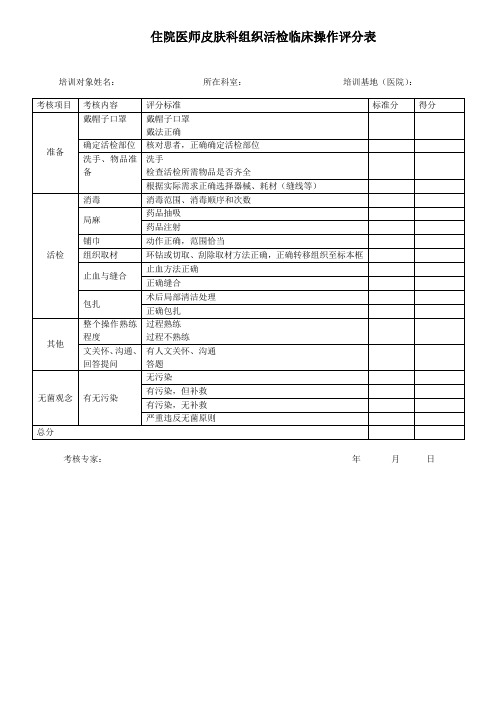 住院医师皮肤科组织活检临床操作评分表